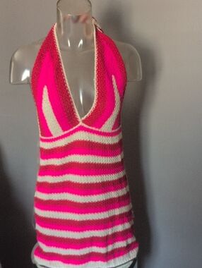 Striped Halter Knit Cover Up Or Dress/Top in Hot Pink & Cream